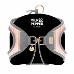 Détail cuir suédé gris clair et métal doré Harnais Slings Coline Milk&Pepper