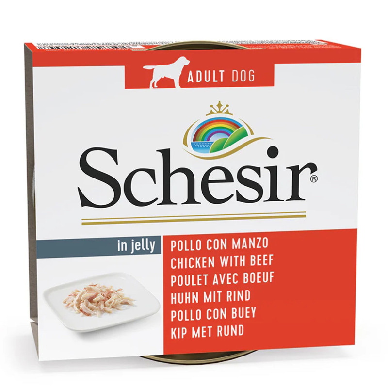 Schesir Dog en gelée Poulet avec Bœuf 150 g, boîte de nourriture humide naturelle pour chien