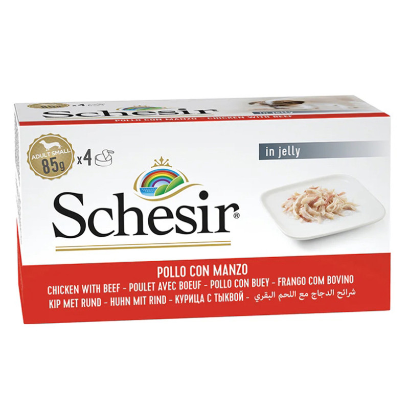 Multipack Schesir Poulet avec bouef 4 x 85g en gelée pour chien, boîtes de nourriture humide naturelle