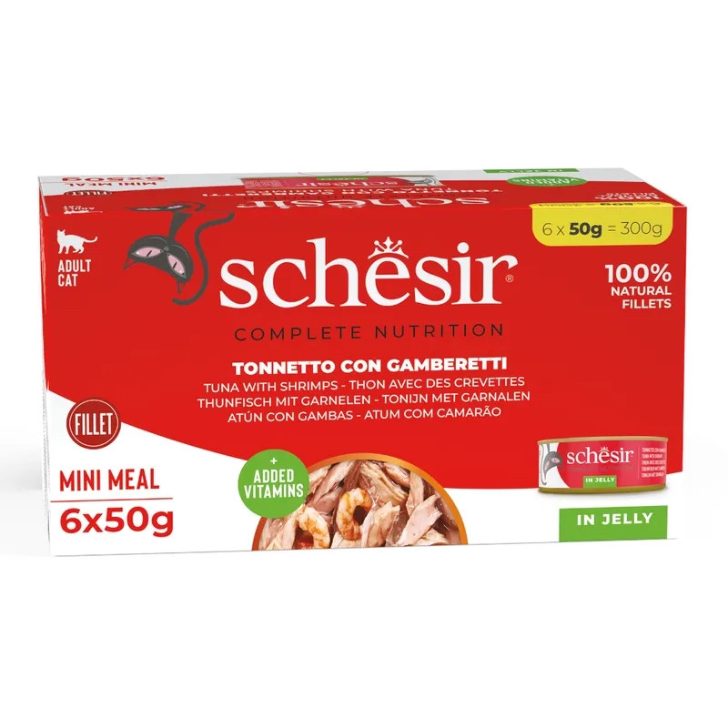 Multipack Schesir chat thon & crevettes en gelée, 6 x 50 g de nourriture humide complète naturelle