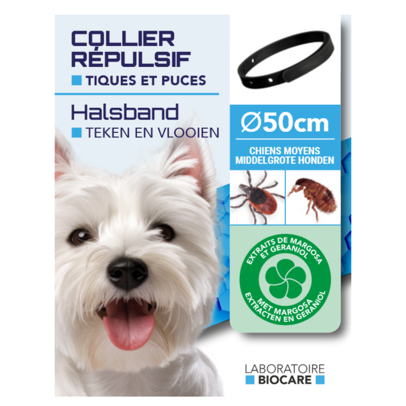 Collier répulsif Biocare anti-tiques et anti-puces pour chien à l’extrait de margosa et au géraniol chiens moyens Collier répulsif Biocare anti-tiques et anti-puces pour chien à l’extrait de margosa et au géraniol chiens moyens