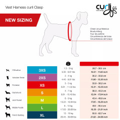 Tableau des tailles du harnais curli Step-In Vest Air-Mesh Mango pour petit et moyen chien